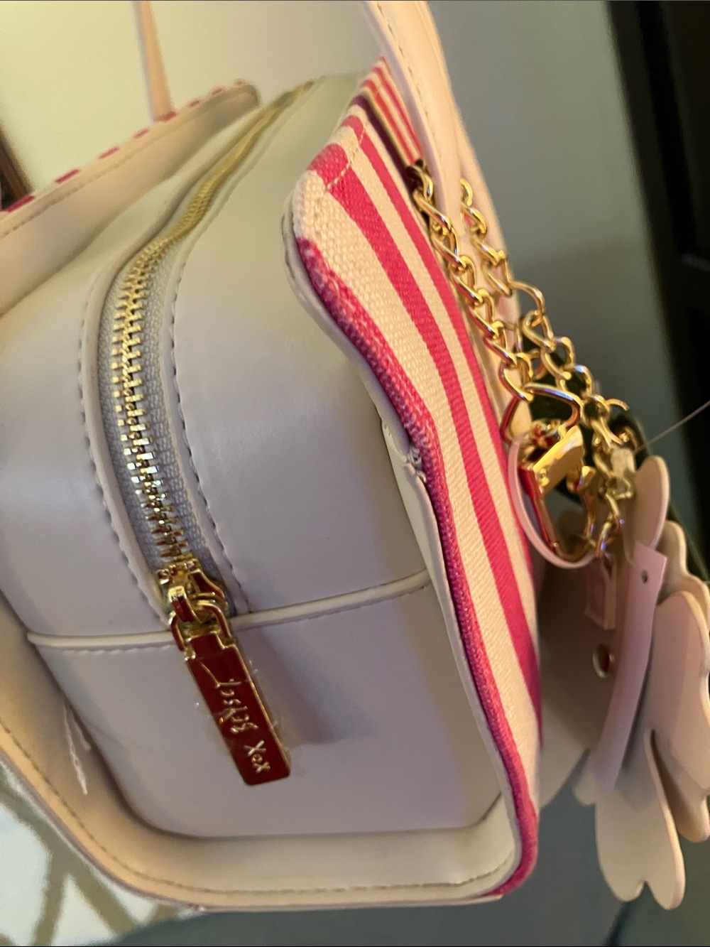 🩷Betsey Johnson XOMACK pink & beige striped satchel handbag w/flower charm NWT - Picture 4 of 13